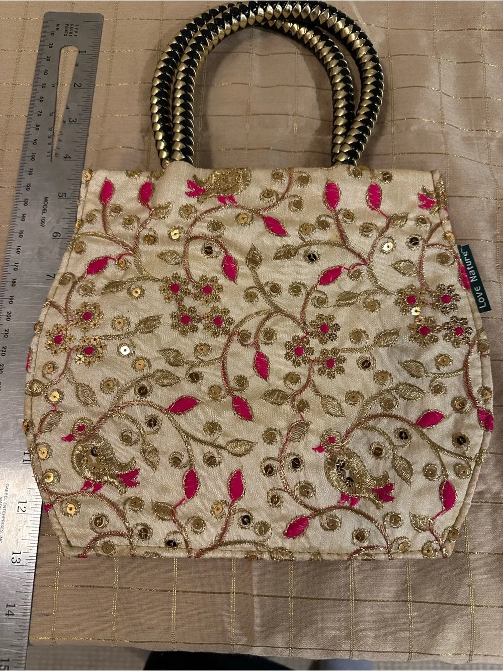 Handcrafted Indian Evening Bag – Hot Pink Zari Embroidery, Bird Motif, Braided H